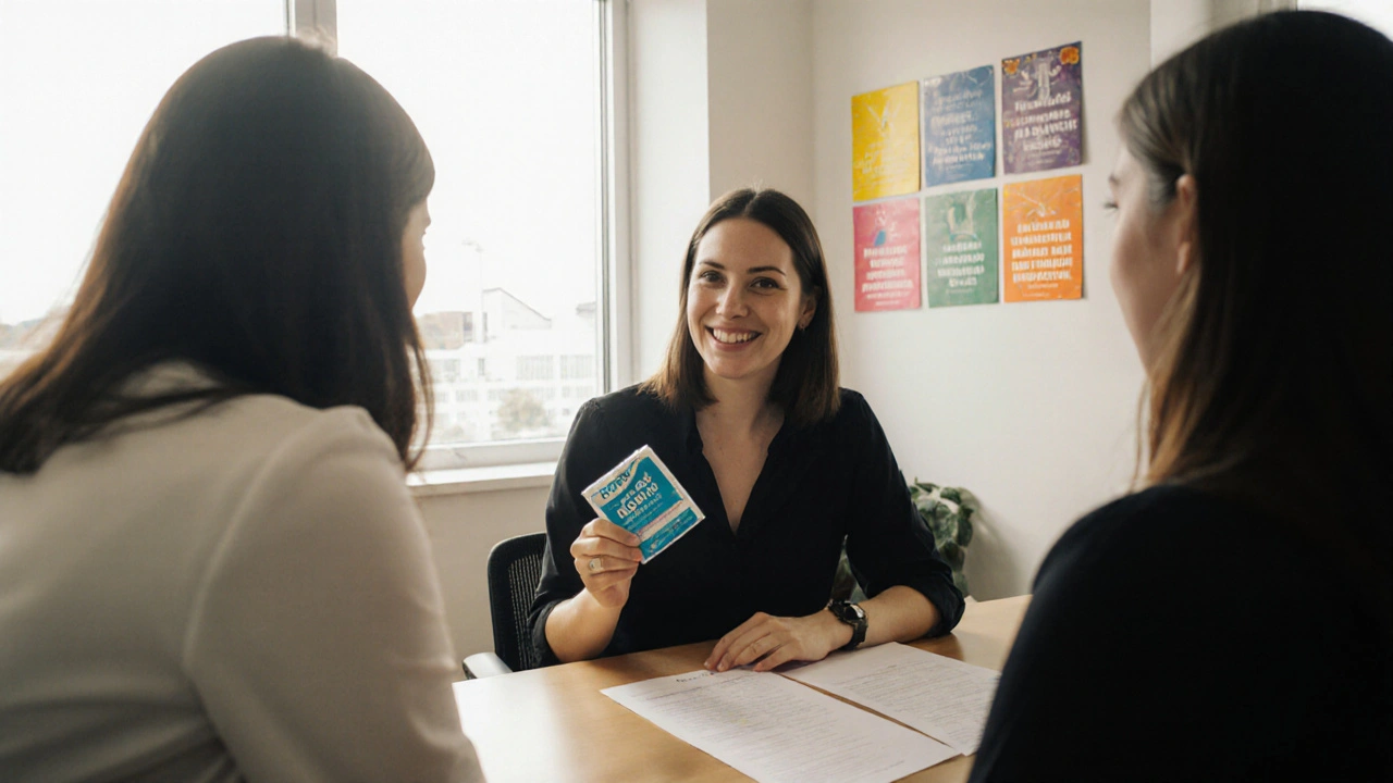 Three sex workers in a supportive group setting, reviewing safety documents in a bright room.
