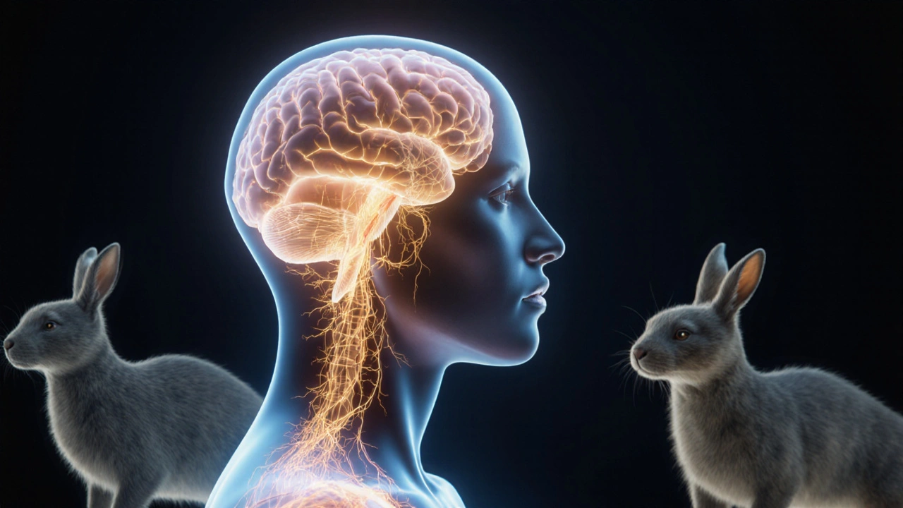 Transparent human body with glowing neural pathways linking clitoris to brain and ovaries, faint animal silhouettes in background.