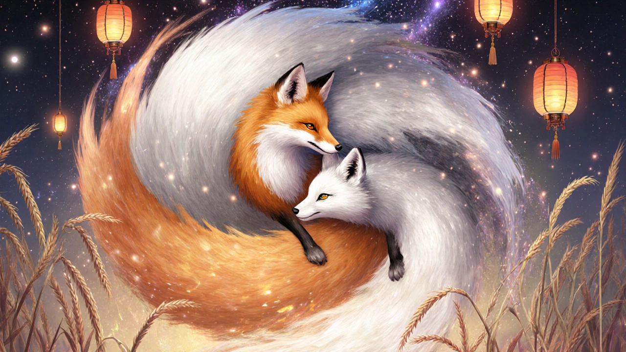Two intertwined foxes forming one divine entity, symbolizing unity beyond gender.