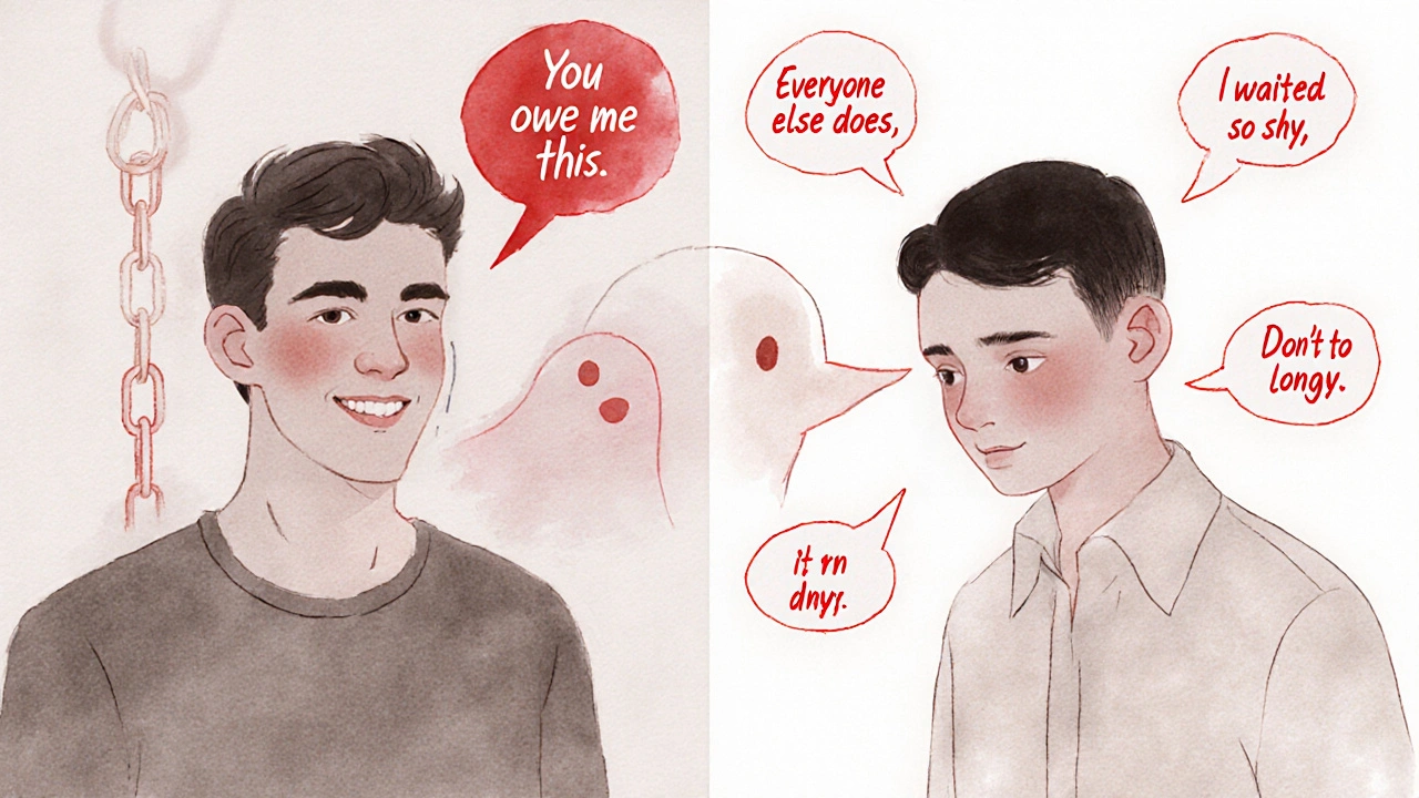 Two sides of a conversation: one person speaks with entitlement, the other is overwhelmed by whispering pressures, rendered in soft watercolor tones.