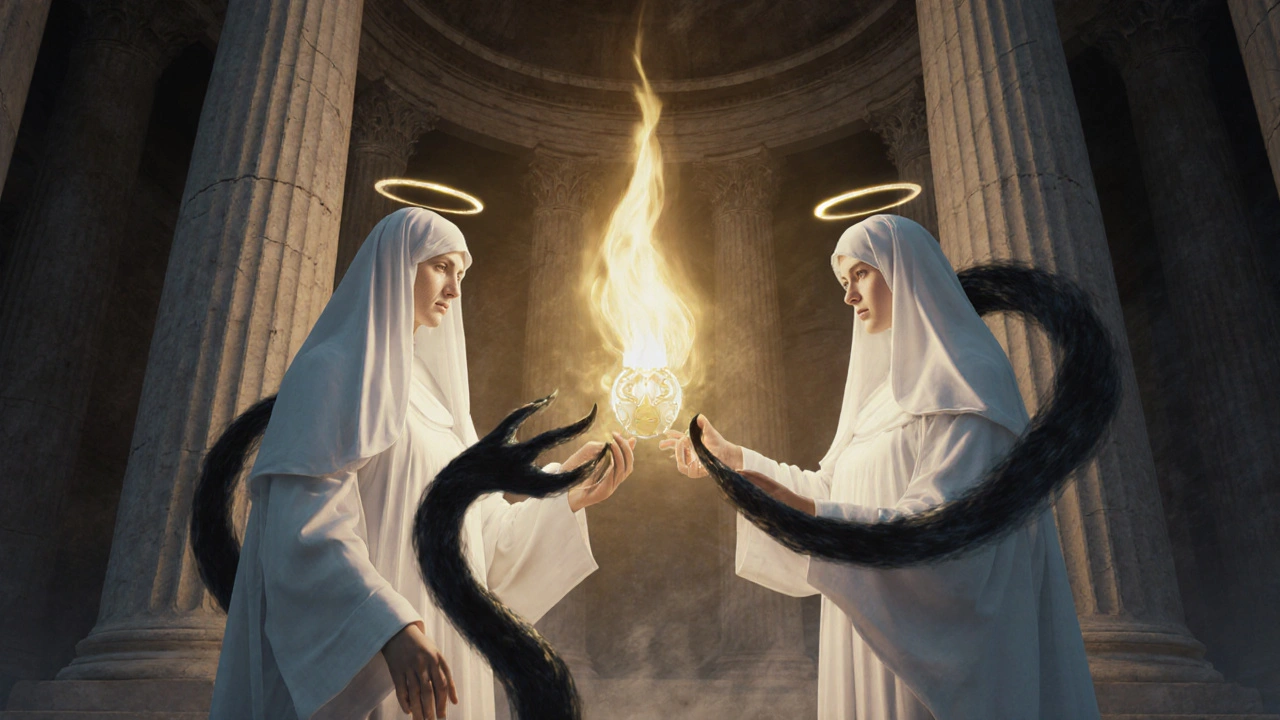 Vestal Virgins guarding a glowing sacred phallus against shadowy envy in front of Temple of Vesta.