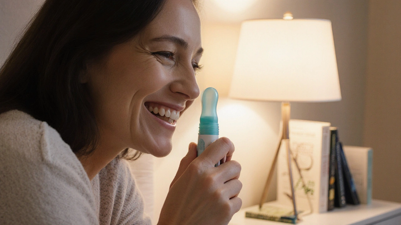 Woman using a sex toy in a cozy bedroom, smiling, with biology books on nightstand.