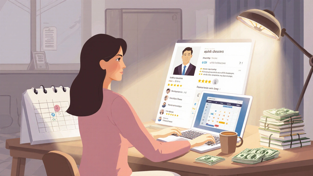 Woman working online from an apartment, displaying service profiles and reviews on her laptop screen.