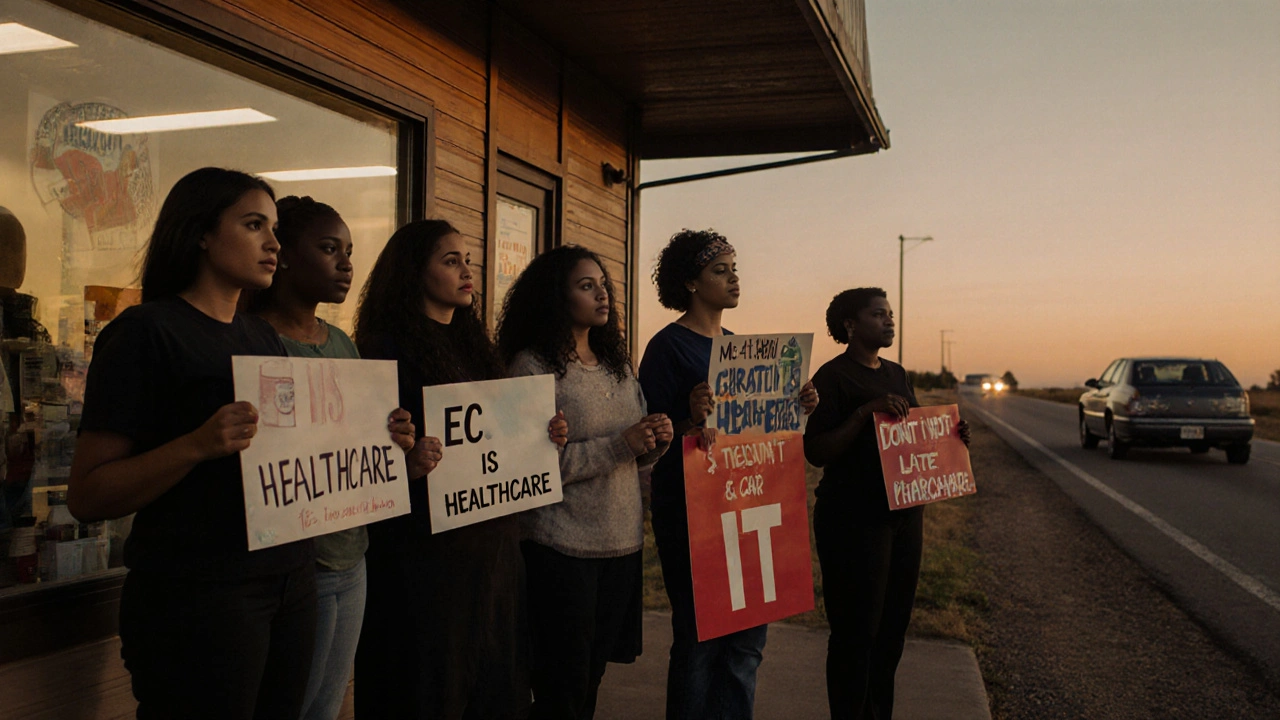 Women protest outside a rural pharmacy at dusk holding signs for emergency contraception access.