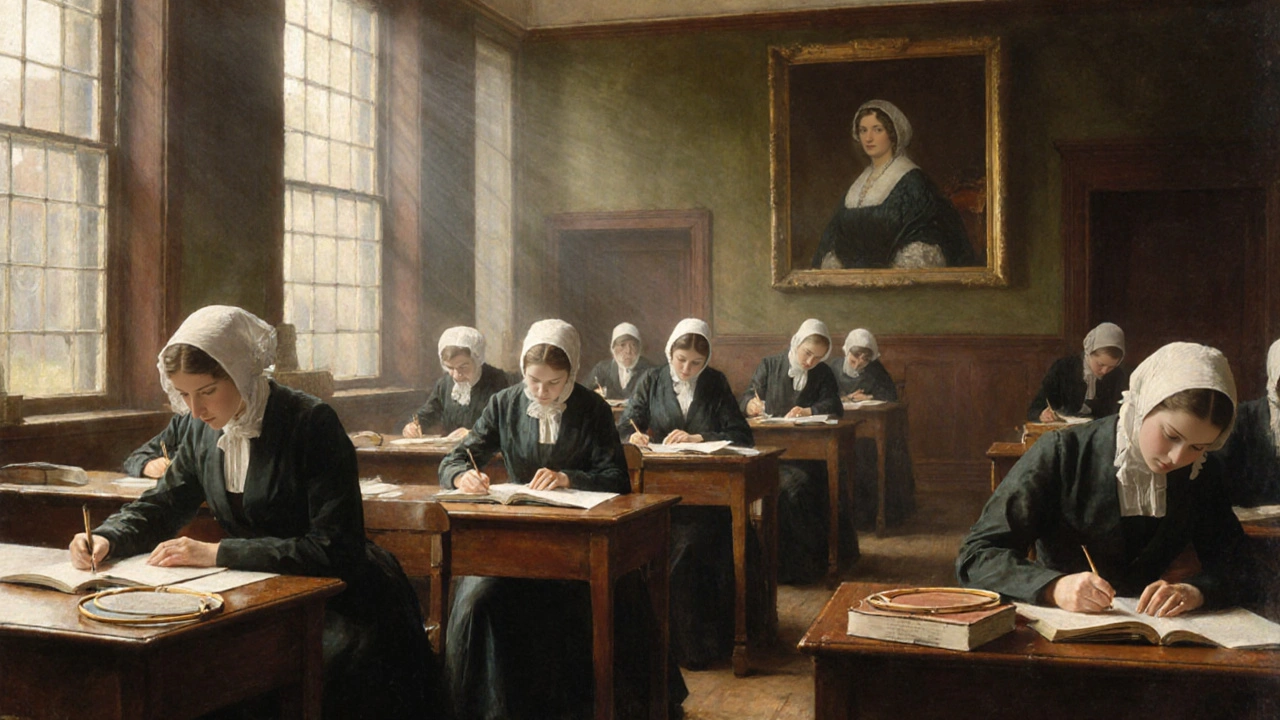 Women students in a 19th-century college classroom, studying moral philosophy under a portrait of Queen Victoria.