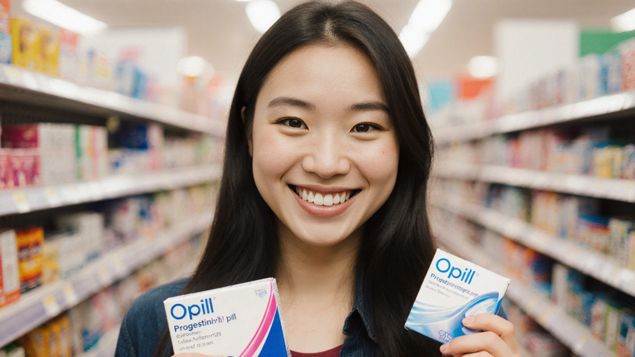 Young woman in a pharmacy holding Opill and a condom, symbolizing accessible over-the-counter birth control.