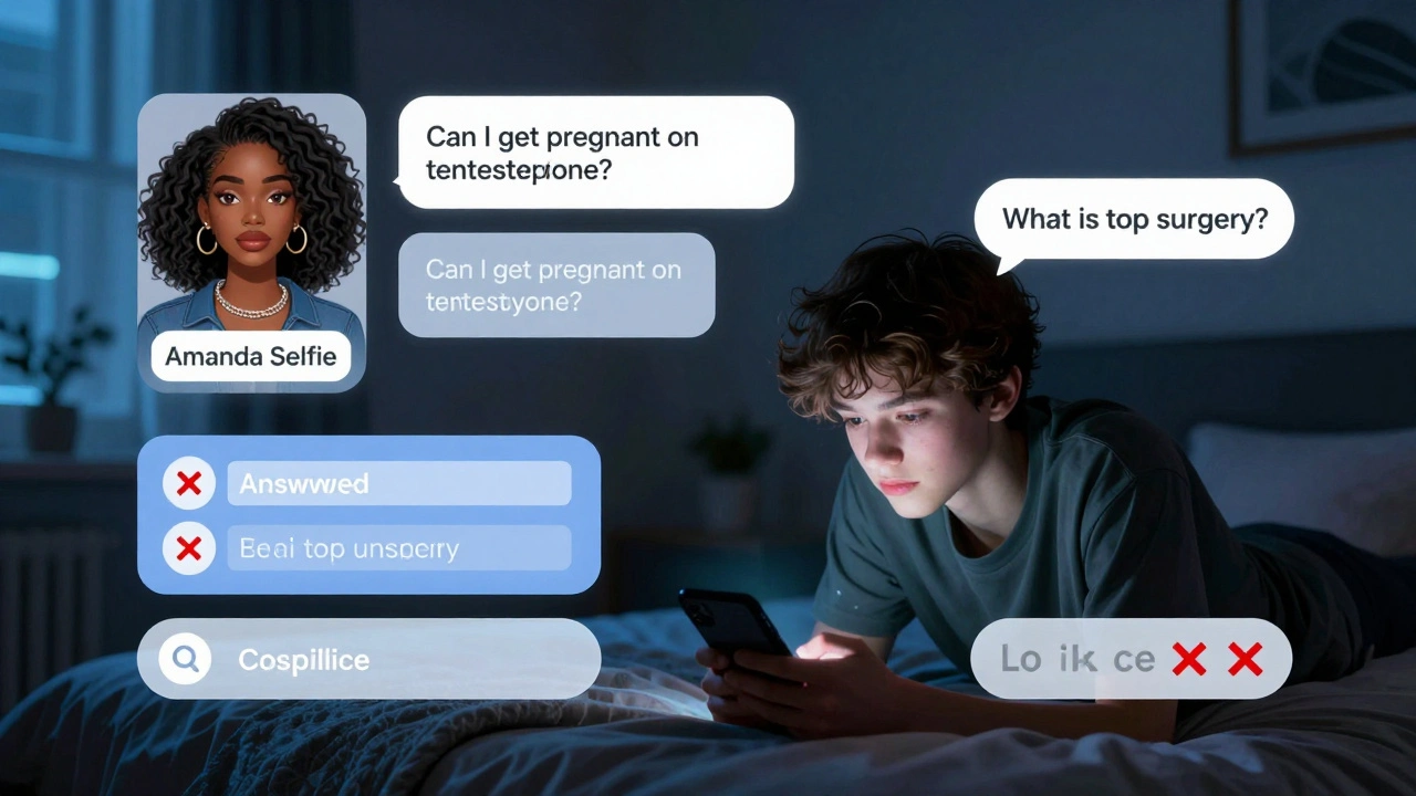 A Black transgender chatbot avatar conversing with a teen in a dim bedroom, question bubbles floating around.