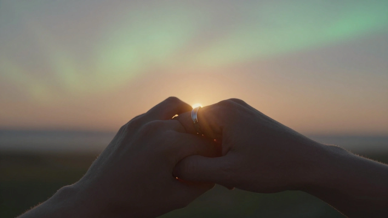 A couple's hands clasped at sunset, a subtle glowing connection between the wedding ring and heart, no literal veins.