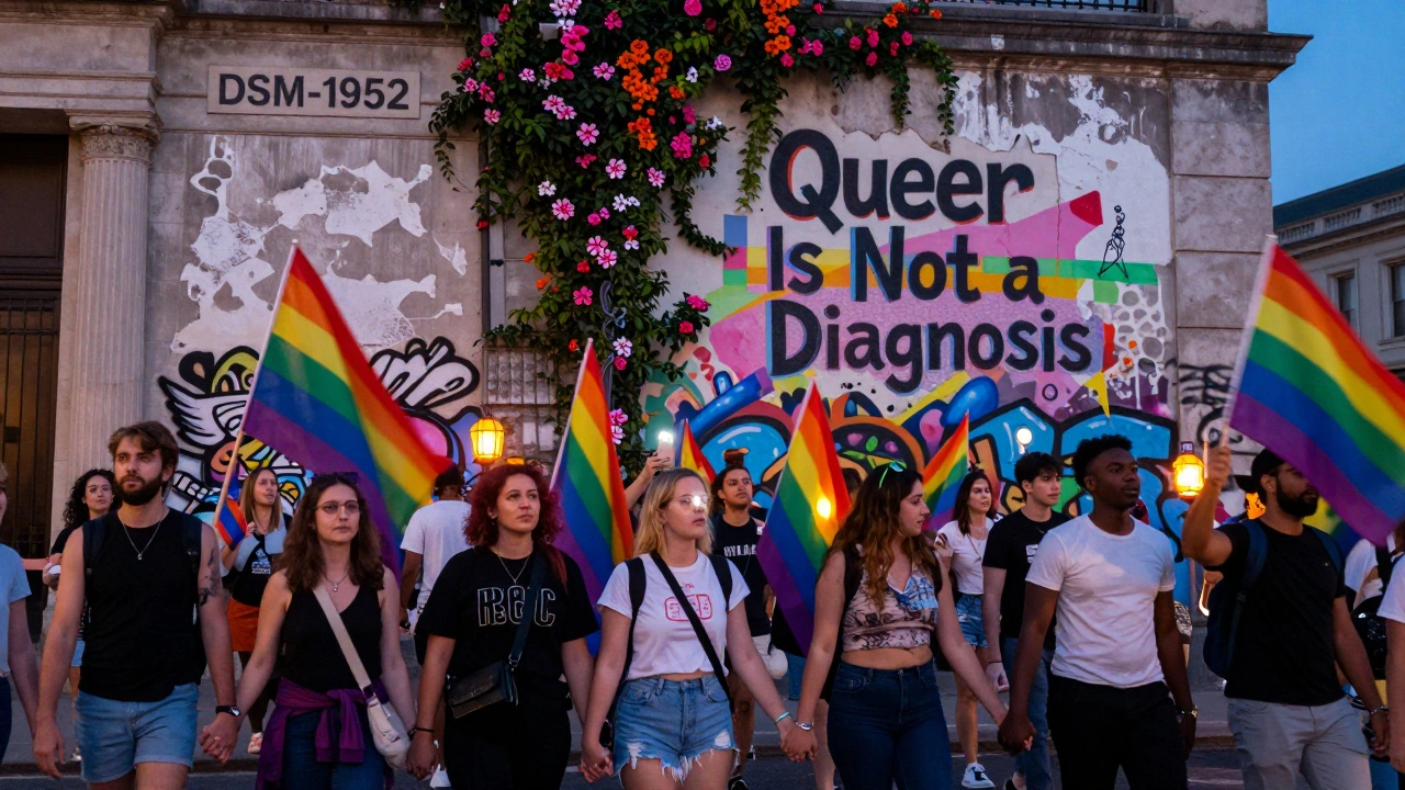 A diverse crowd marches at dusk under rainbow flags, with crumbling institutional signs in the background.