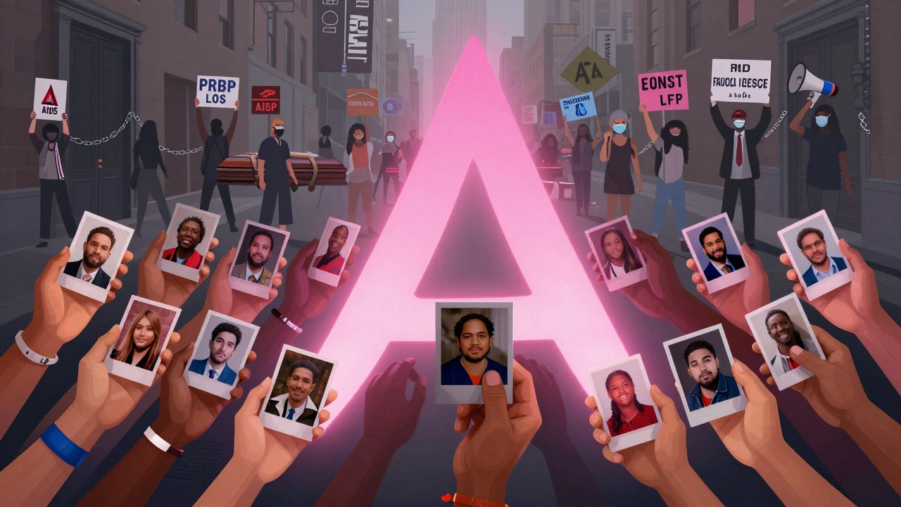A glowing pink triangle formed by hands from across U.S. cities, each holding photos of loved ones lost to AIDS, connecting past and present activism.