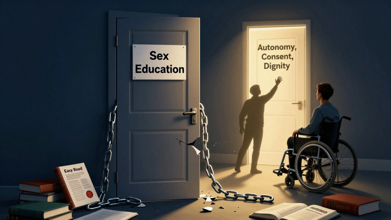 A locked door labeled 'Sex Education' with broken chains and accessible materials on the ground, symbolizing the fight for inclusive rights.