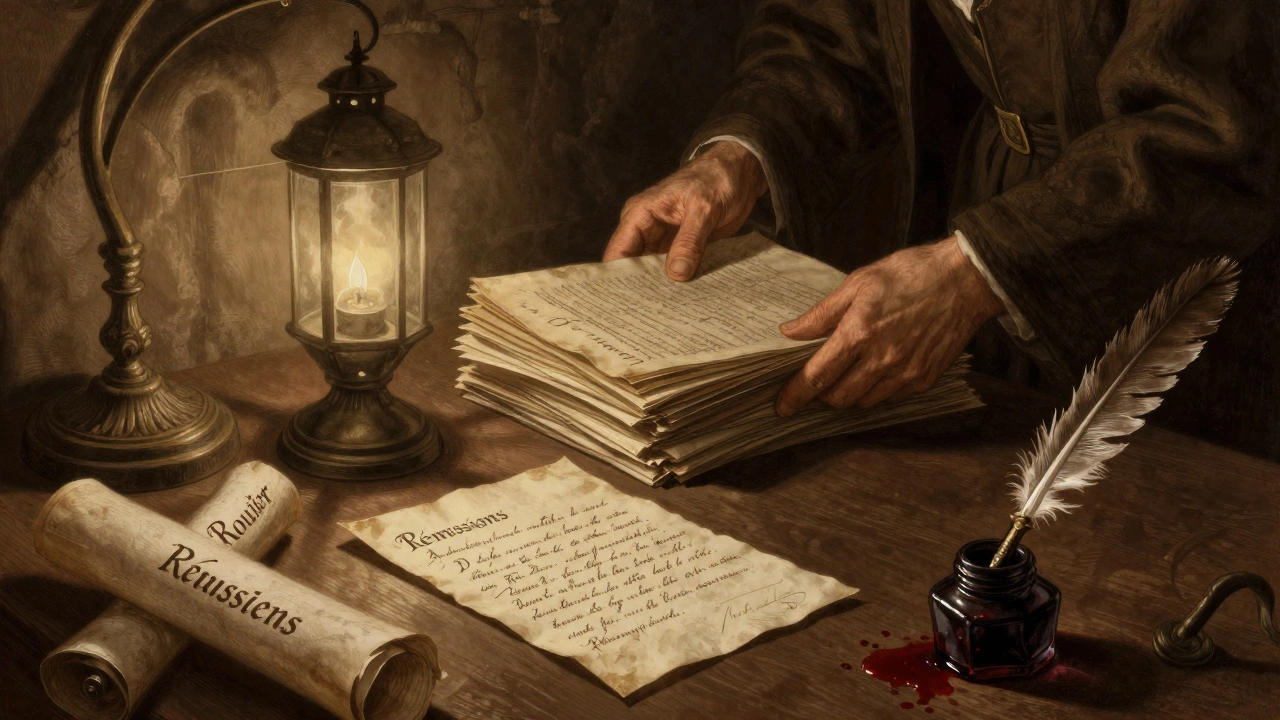 A royal clerk files pardons in a dim archive, a widow's letter buried beneath official scrolls.