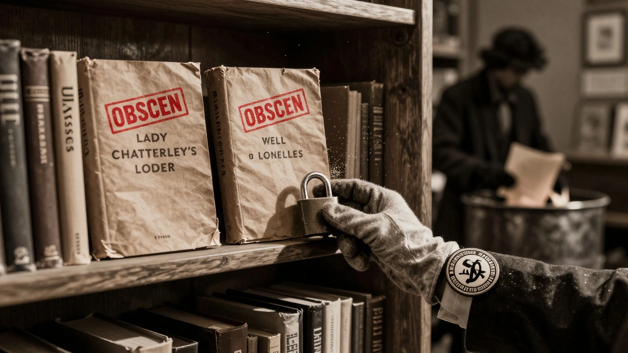 A sealed bookshelf in a 1920s American bookstore with red 'OBSCENE' stamps, under the shadow of a Comstock agent.