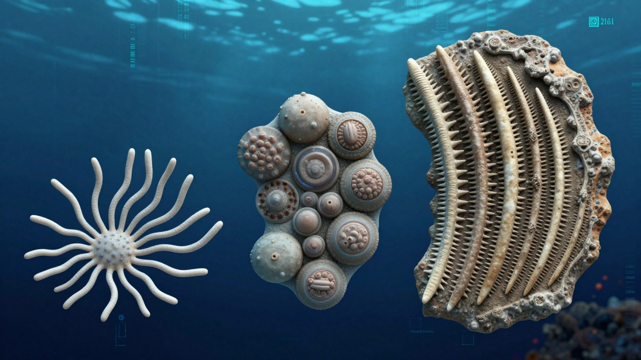 A seamless transition of ancient reproductive fossils merging into a digital reconstruction, showing evolution of scientific methods.