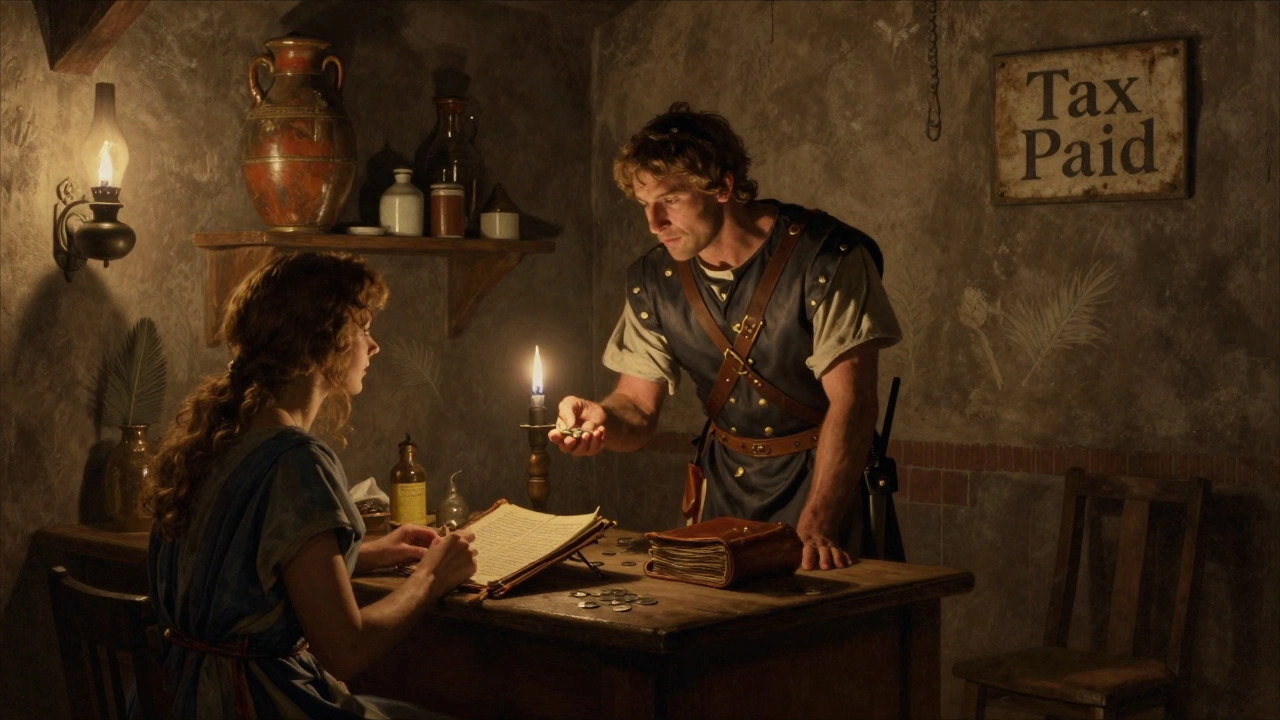 A soldier collects tax from a sex worker in a dim Roman brothel, with a ledger open on a desk.