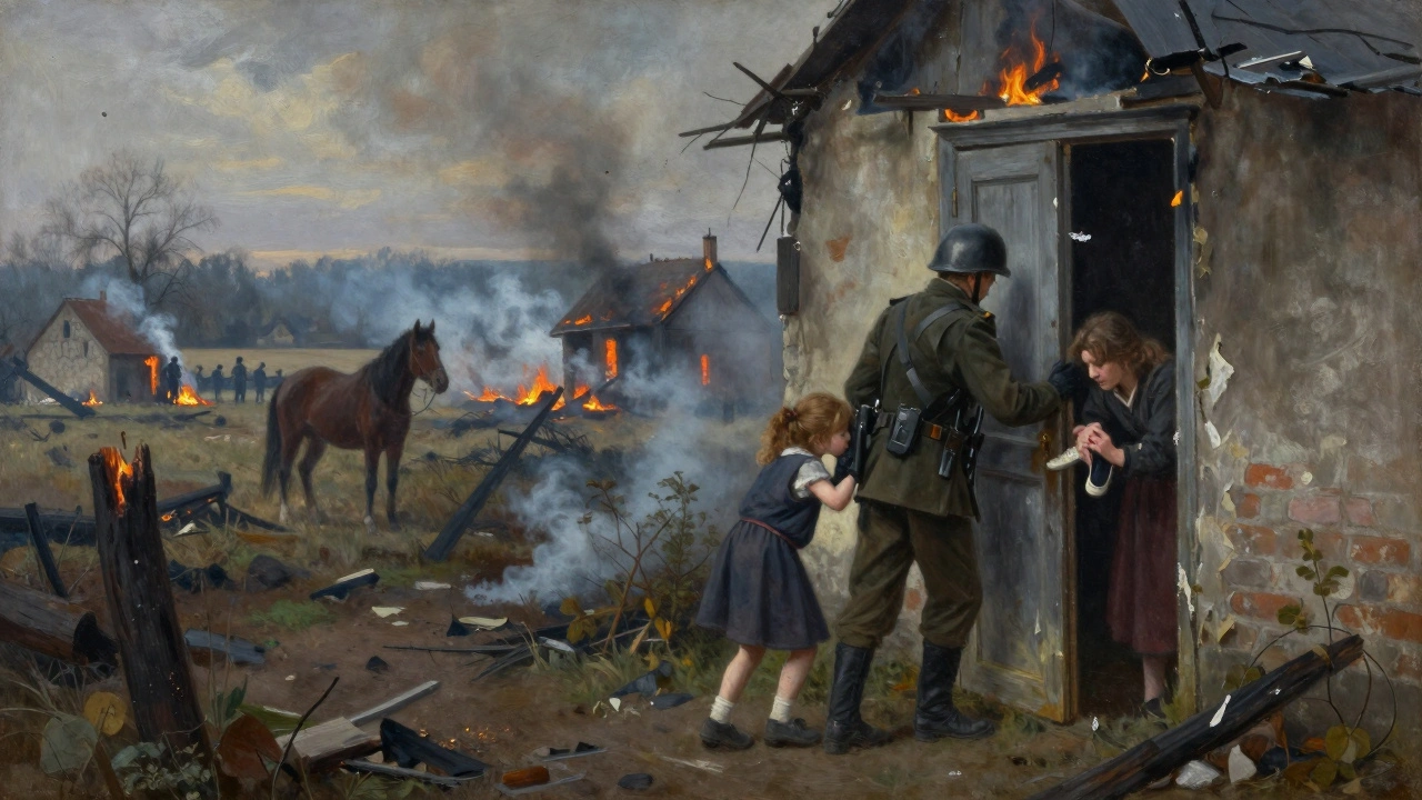 A soldier drags a girl from a burning village at dawn, her mother hiding in the doorway.