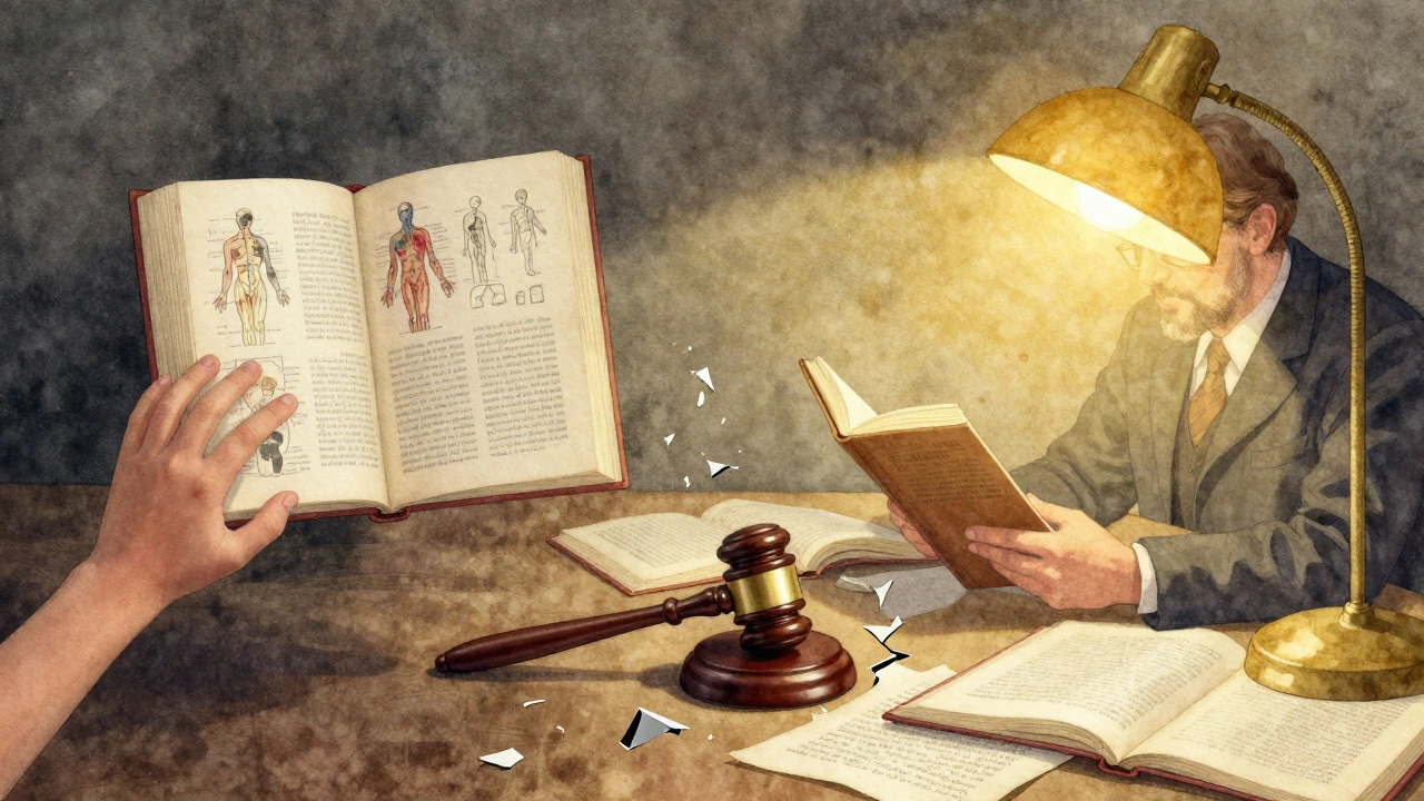 A symbolic split image: a child reaching for a medical book on one side, an adult reading literature on the other, with a broken gavel between them.