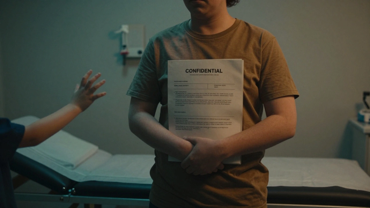 An adult intersex survivor holding a sealed medical file in a dim exam room, with a ghostly childhood hand reaching from the past.