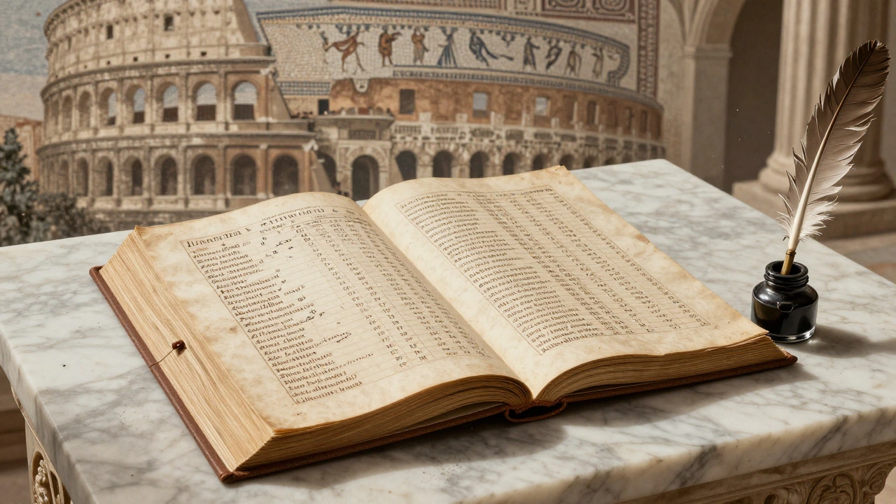 An ancient Roman tax ledger with names and figures, beside a quill, in an imperial archive.