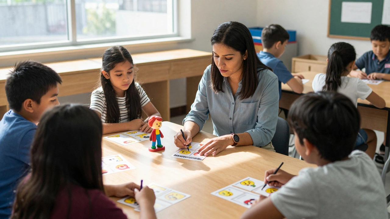 An educator using tactile materials to teach consent and boundaries to students with intellectual disabilities in a well-lit classroom.