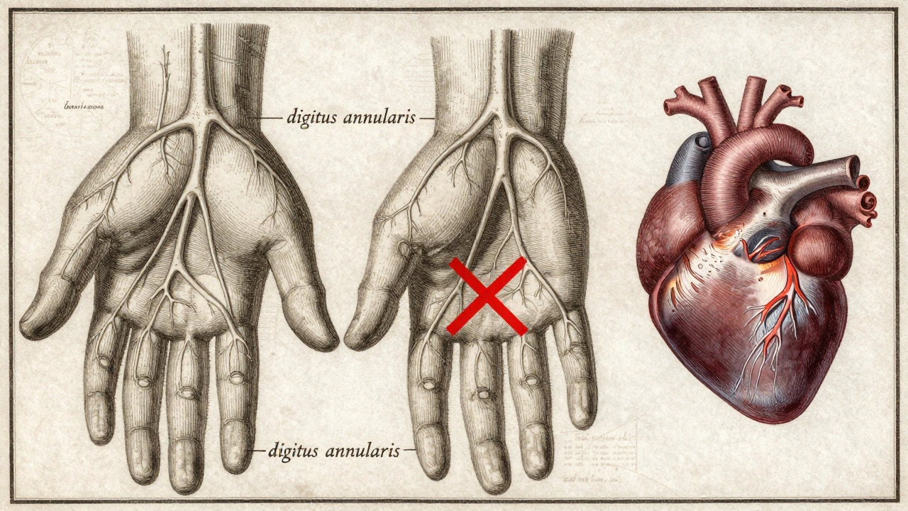 An old medical illustration showing hand veins converging, with a crossed-out label for the 'ring finger' and a pulsing heart.