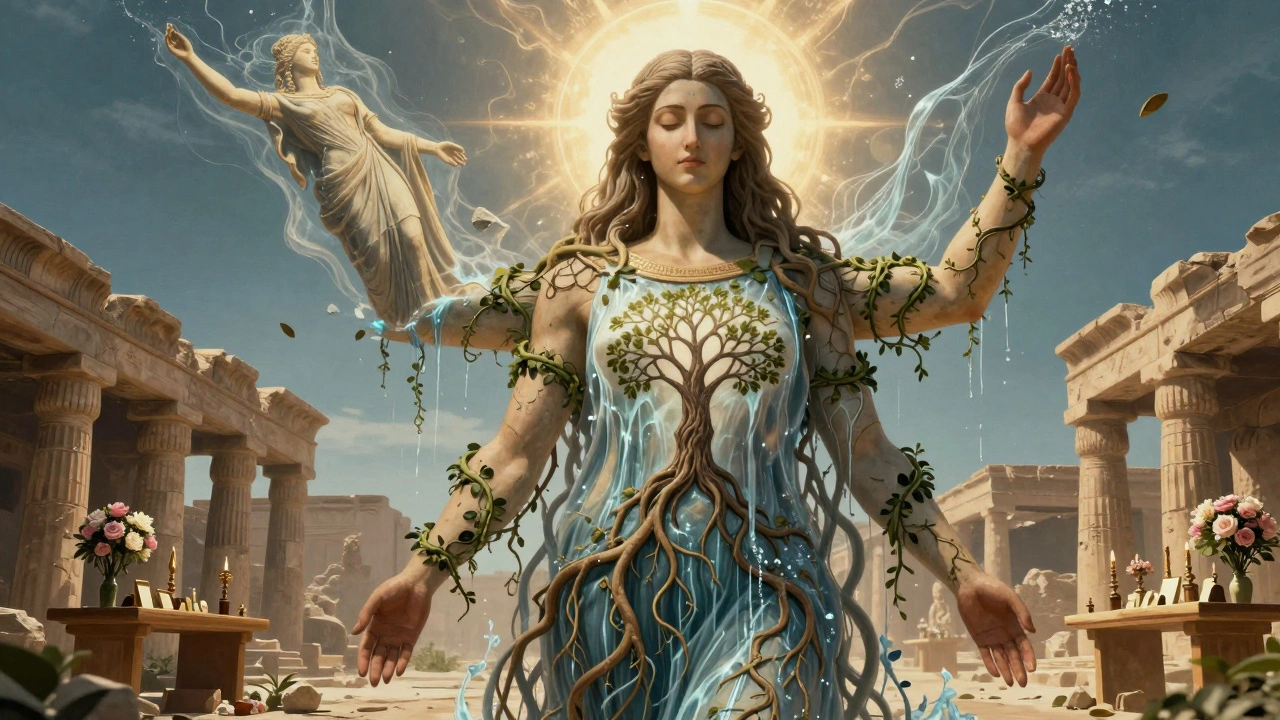 Androgynous divine figure with roots and water, merging Asherah's spirit into the Tree of Life.