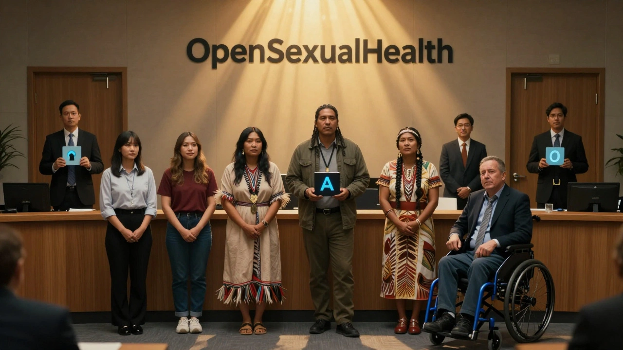 Diverse advocates stand beside open-source AI code, opposing shadowy corporate figures in a symbolic courtroom.