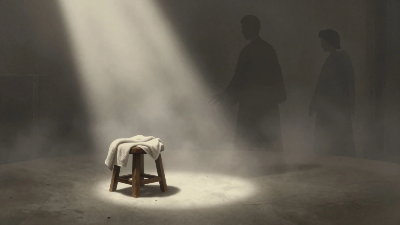 Empty hamam with steam and faint ghostly figures, a single beam of light revealing a forgotten towel and stool.