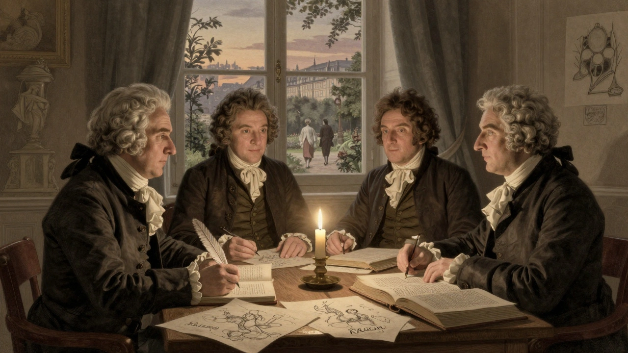 Enlightenment thinkers gather in a candlelit room, surrounded by books and human sketches, as couples walk unseen outside.