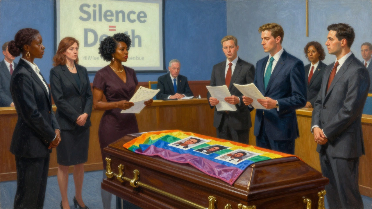 HIV-positive activists confronting FDA officials in a hearing room, holding medical data while a rainbow-draped coffin lies nearby.