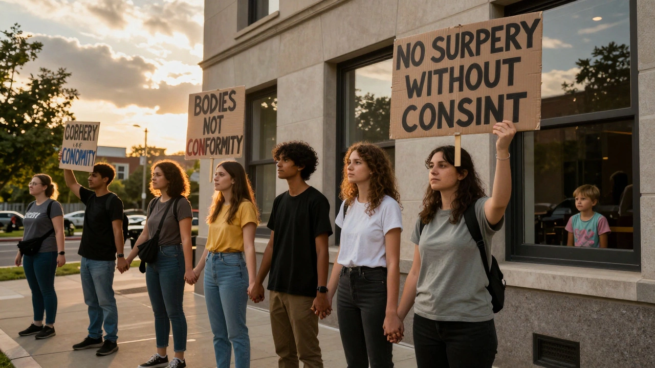 Intersex activists holding hands in protest outside a government building, sunlight breaking through clouds as a child watches from a window.