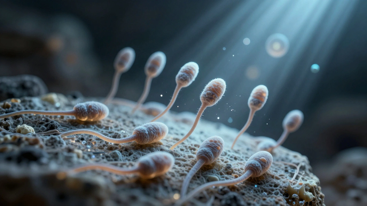 Microscopic view of ancient sperm cells with heads and tails preserved in fossilized rock, glowing faintly against a dark background.