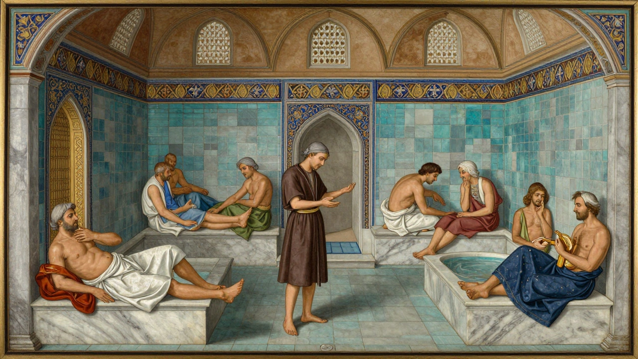 Ottoman-era bath scene with men resting and being attended, detailed tilework and modest clothing, serene and dignified.