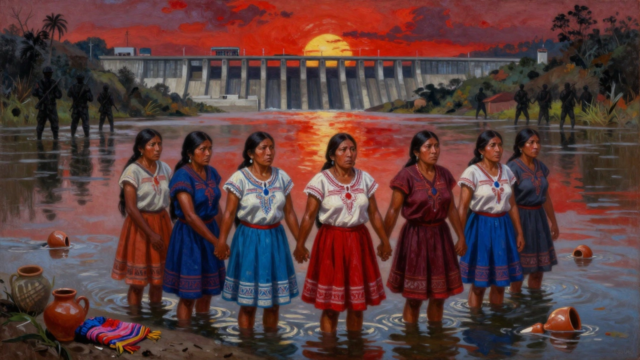 Q’eqchi’ Maya women standing together on a riverbank, soldiers in distance, the Chixoy Dam looming behind a flooded valley at sunset.