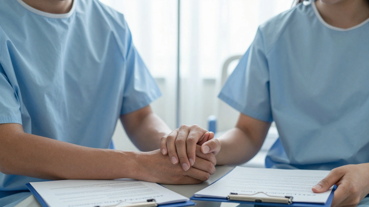 Same-sex couple holding hands in a hospital, holding legal marriage documents.