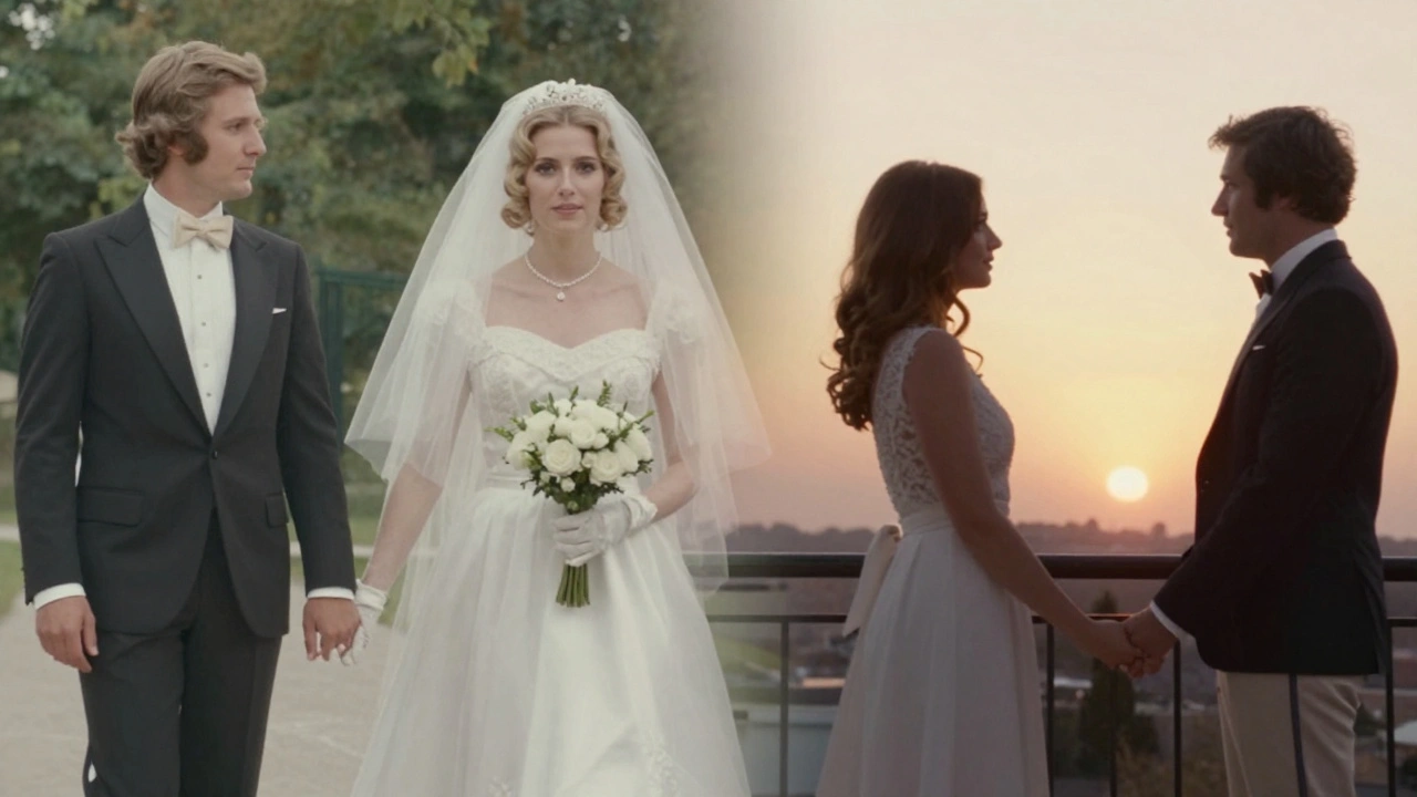 Split-screen showing 1970s wedding on left and modern cohabiting couple on right, symbolizing changing relationship norms.