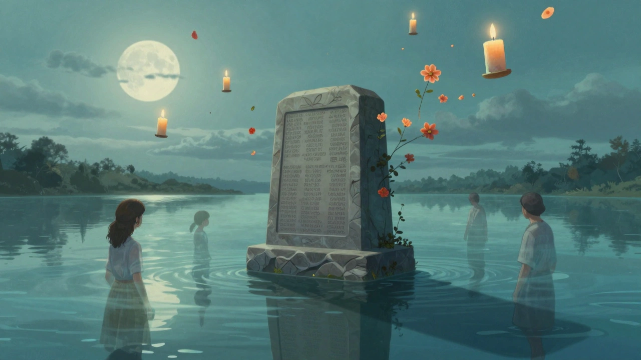 Stone memorial with names, floating candles and flowers above a reservoir where faint figures of victims appear beneath the water.