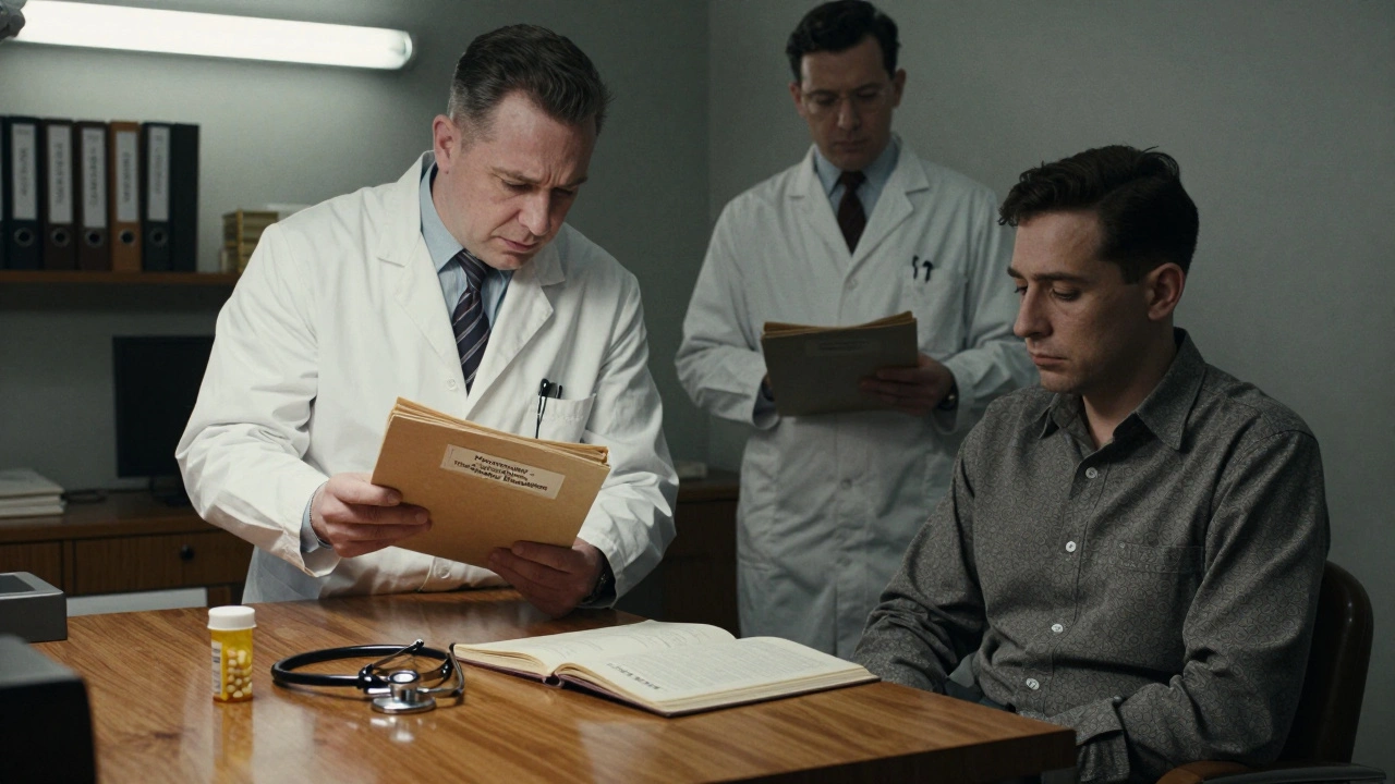 Two doctors review psychiatric files labeled 'homosexuality' in a 1950s office.