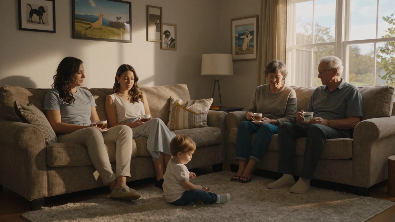 Two generations of couples relaxing together in a living room, a toddler playing nearby, no traditional wedding imagery.