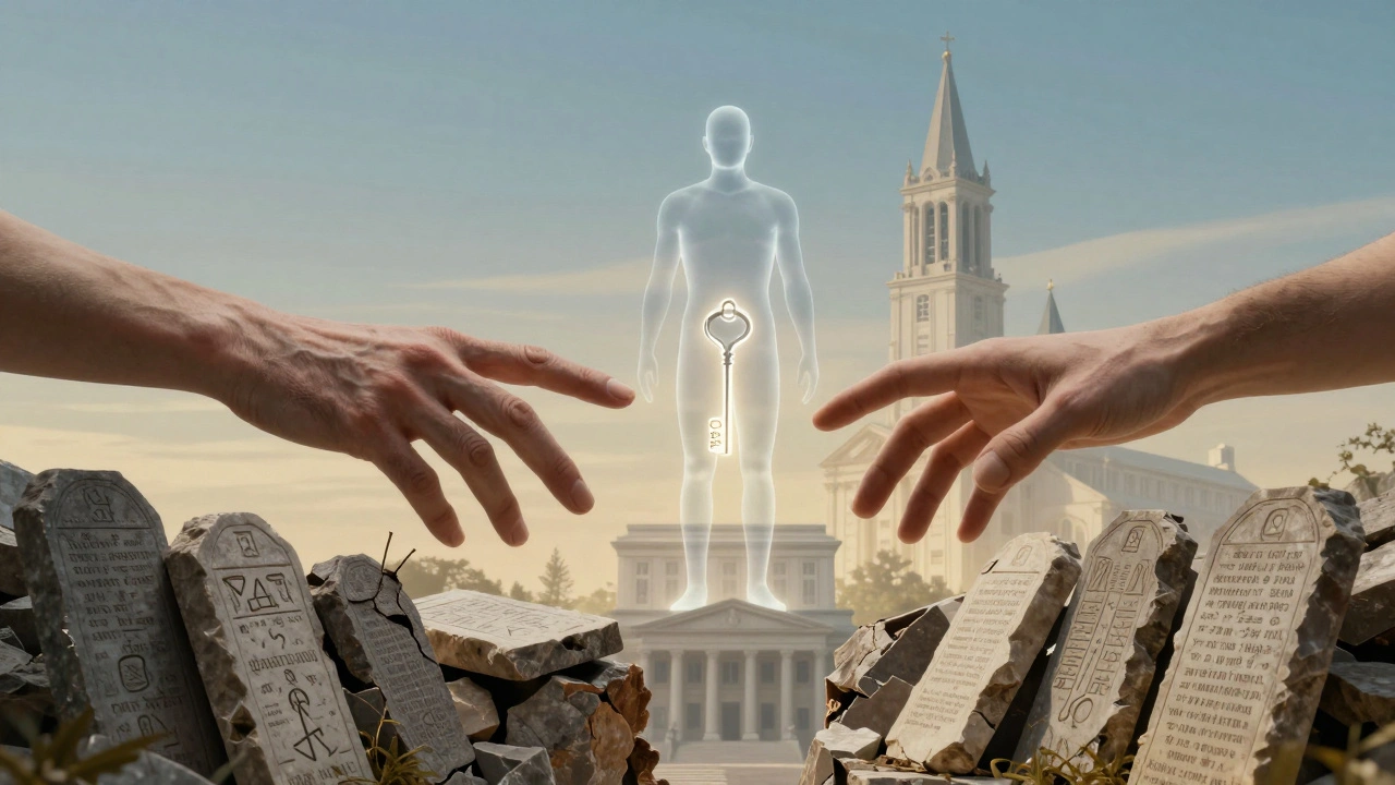 Two hands reach across crumbling religious tablets, a transparent figure holds a key labeled 'CONSENT' against a fading church and rising courthouse.