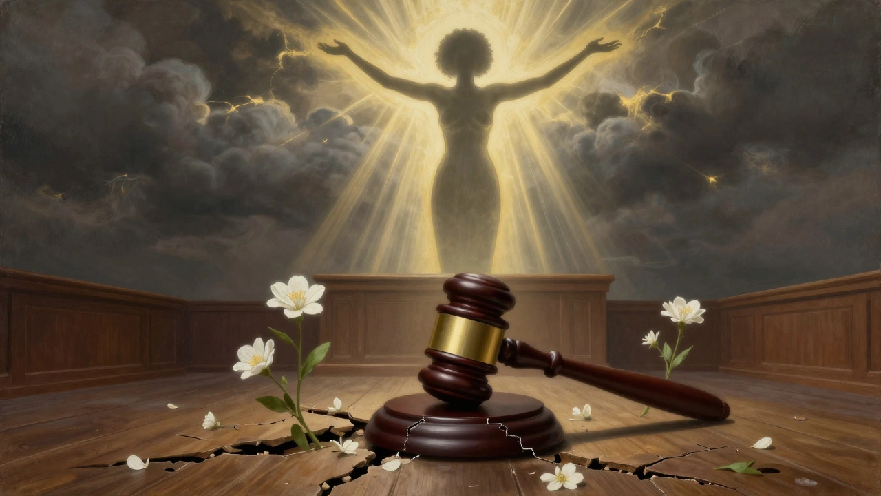 A broken gavel lies on the courtroom floor as flowers grow through the cracks, with a glowing female silhouette above.