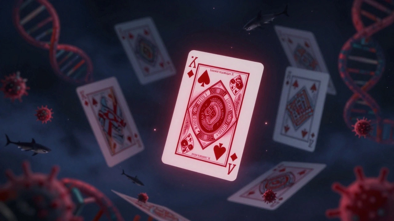 A cosmic deck of gene cards being shuffled, one glowing with immunity as pathogens swarm around it.