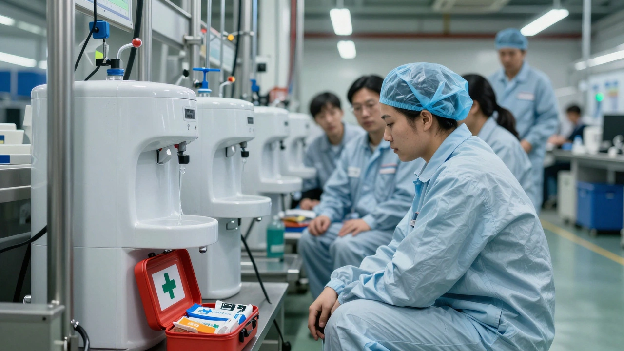A factory worker taking a break at a station with cold water and pain relief items nearby.