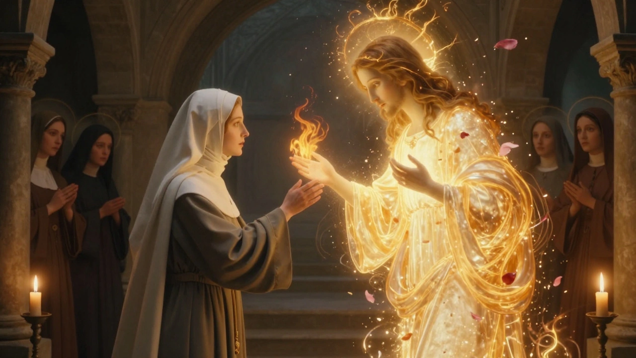 A nun reaching toward a glowing Christ figure in a mystical dream vision.