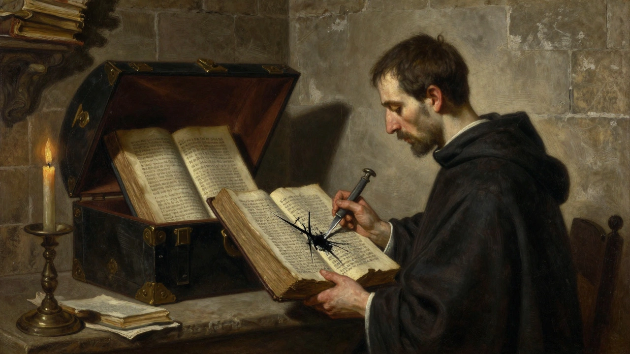 A priest scrapes forbidden passages from a book in a Spanish inquisitor's chamber.