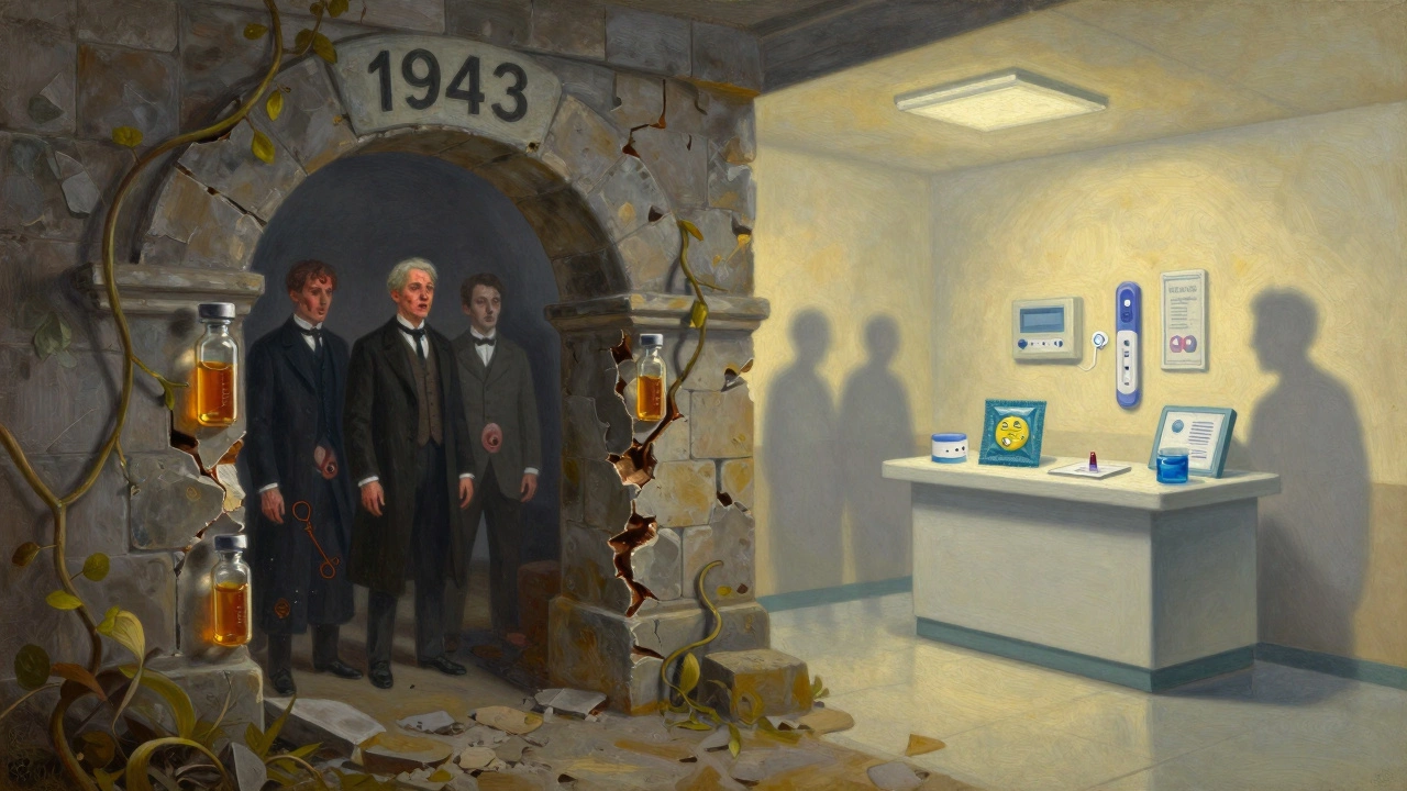 A surreal archway transitions from suffering Victorian-era STI victims to a bright modern clinic symbolizing medical progress.