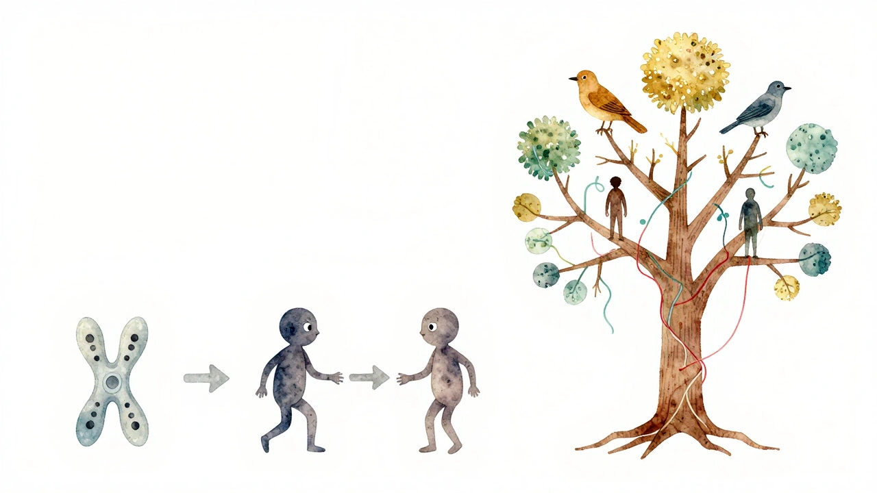A watercolor timeline showing evolution from asexual division to sexual reproduction and branching life forms.