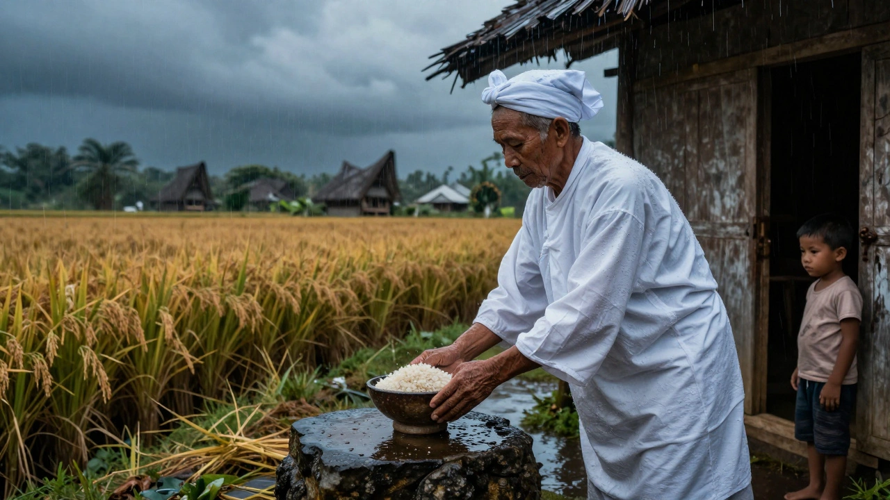 An elderly to burake places rice on an altar as rain falls over a golden field, watched silently by a child in a doorway.
