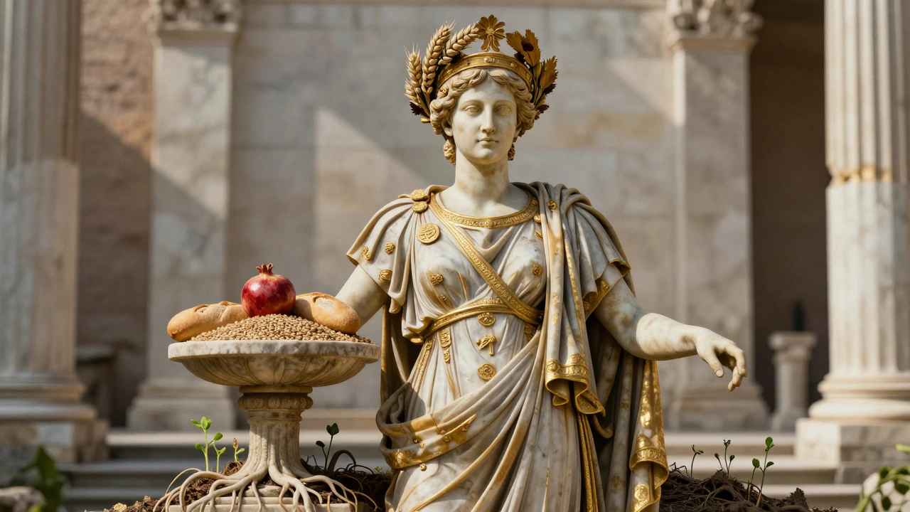 An empress crowned with wheat ears, standing before a stone altar piled with grain and bread.