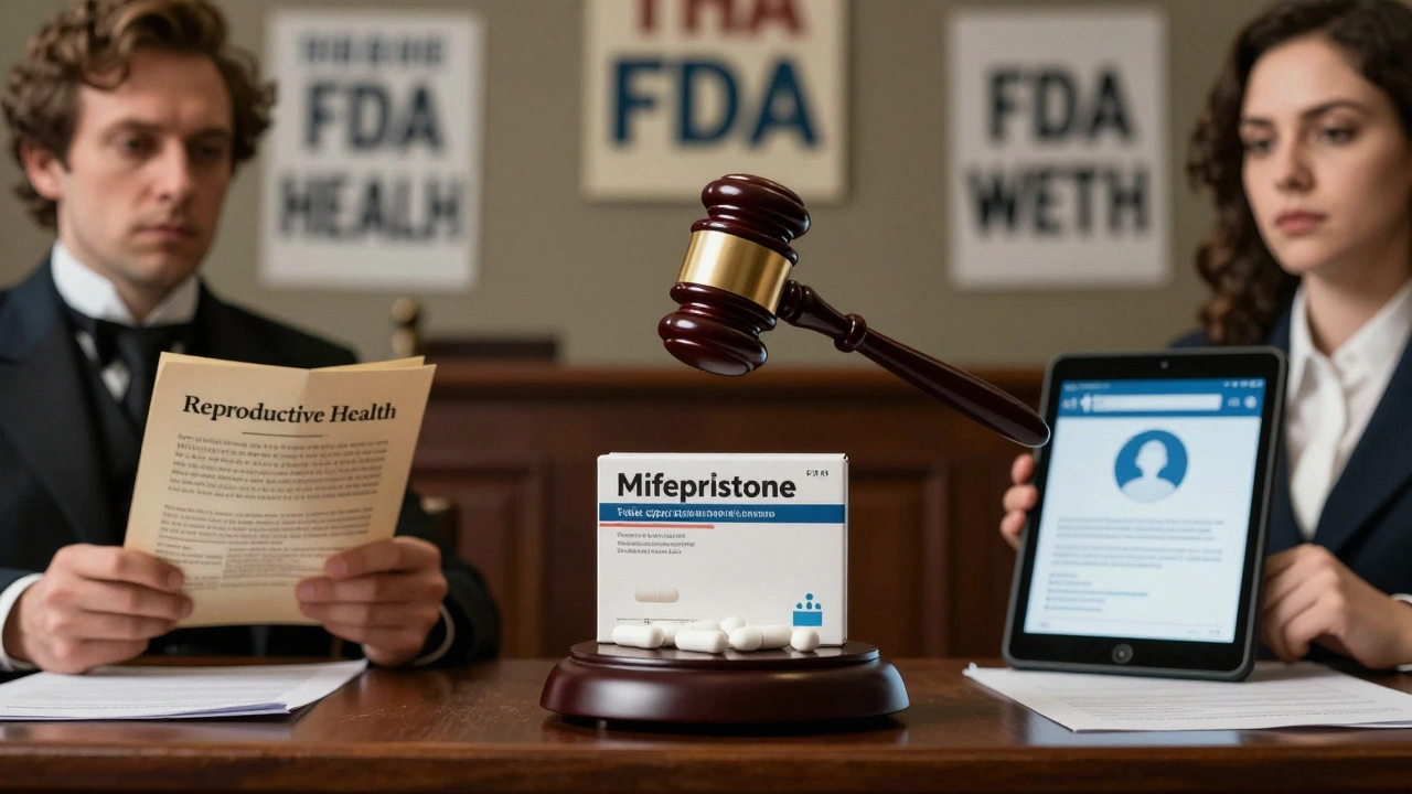 Courtroom scene with FDA-approved abortion pill and opposing historical and modern figures.